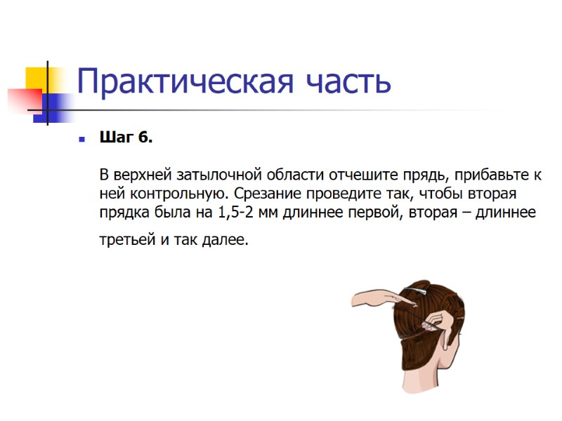 Практическая часть Шаг 6.  В верхней затылочной области отчешите прядь, прибавьте к ней